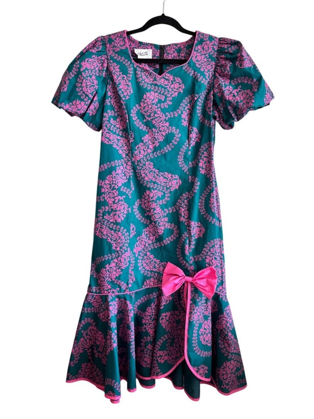 Shannon Marie Womens Teal Pink Floral Puff Sleeve Hawaiian Dress M
